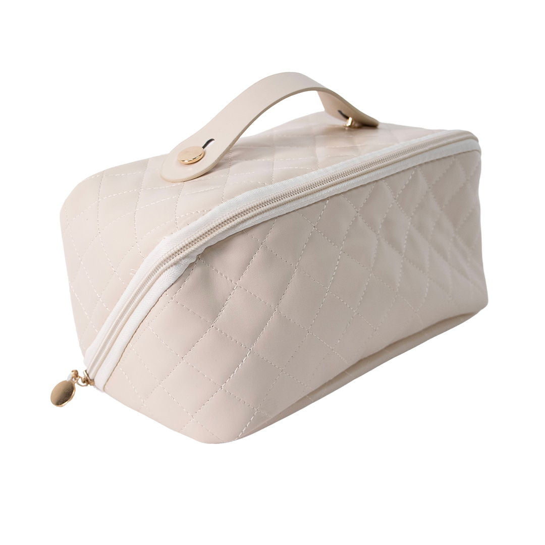 OlsenHome Makeup veske | Beige og svart sminkepung med rominndeling