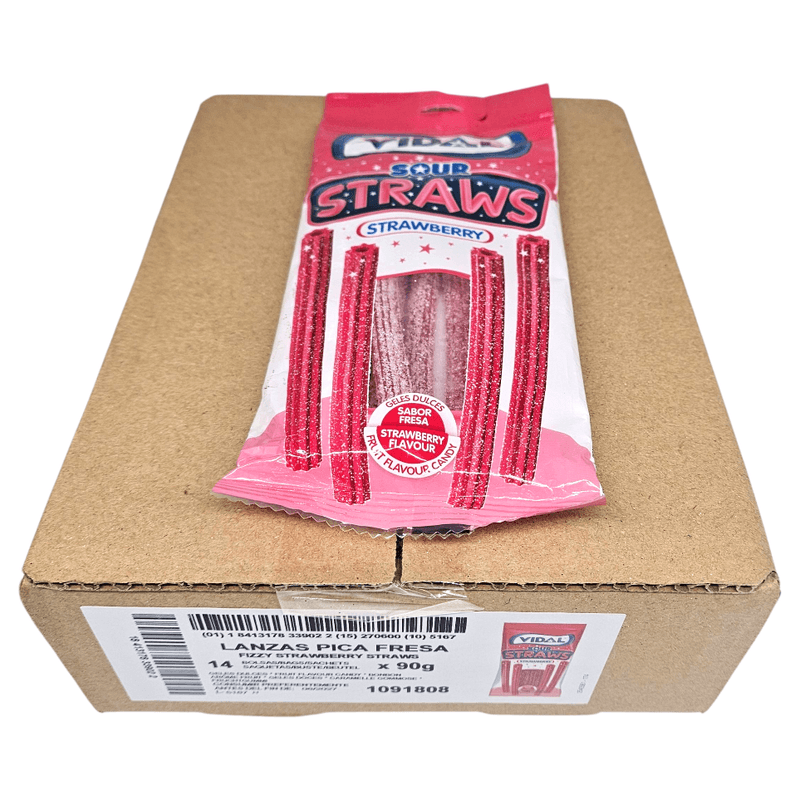 Vidal Sour Straws Jordbær 14x90g | Storpakk surte jordbærsugerør