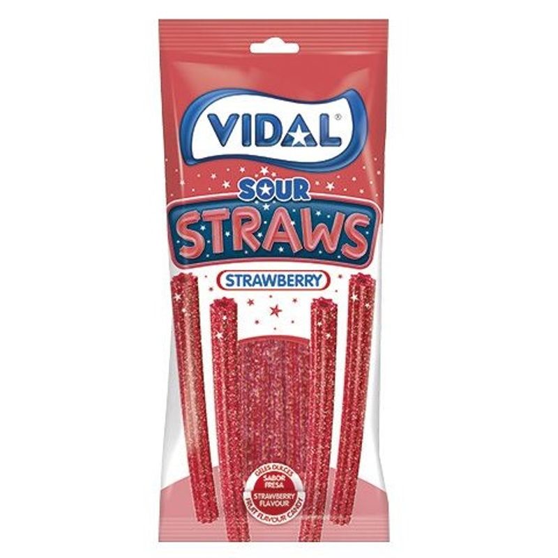 Vidal Sour Straws Strawberries 90g | Sour strawberry straws