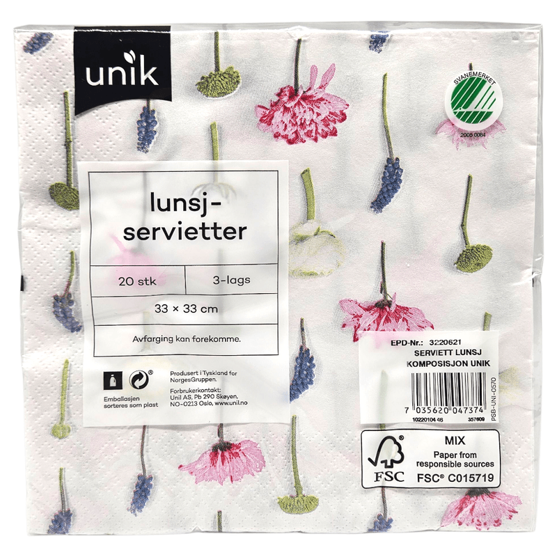 Servietter Blomster Komposisjon 20pk 3 - lags | 33x33cm | Unik