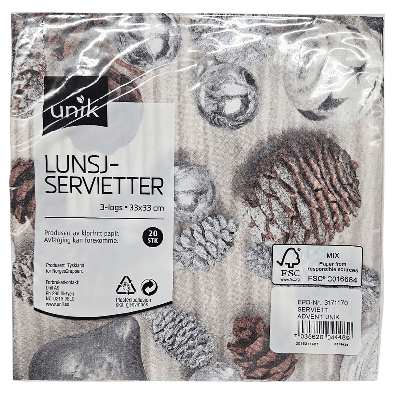Juleservietter sølv 20pk 3 - lags | 33x33cm | Unik