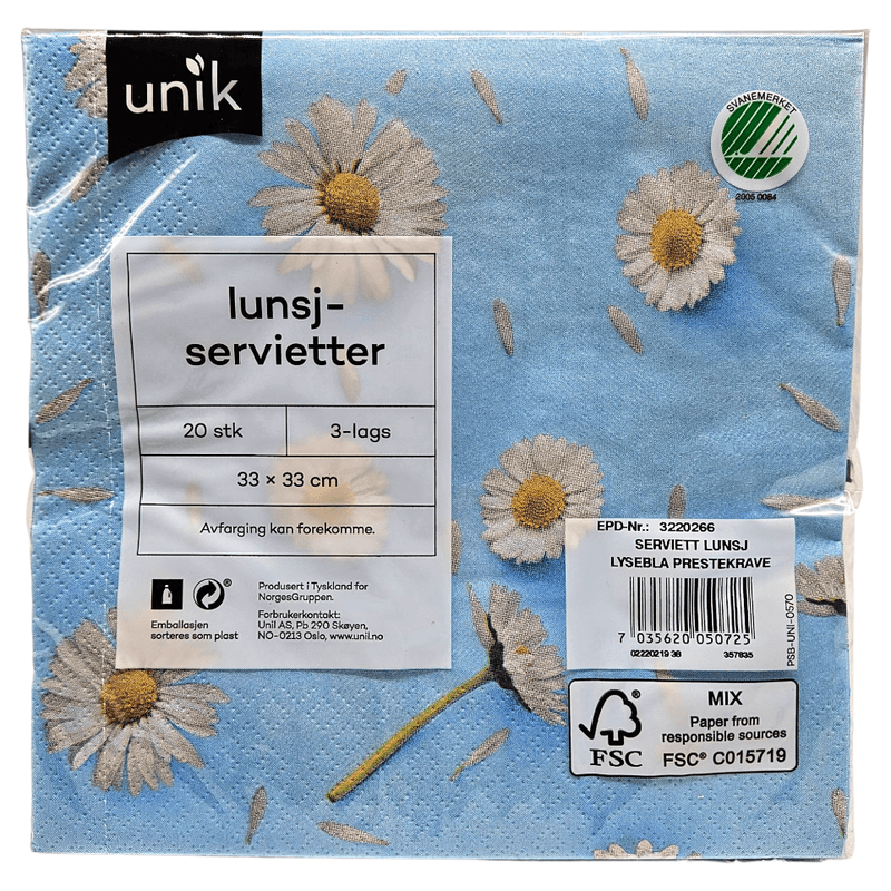 Servietter Lyseblå med Prestekrage 20pk 3 - lags | 33x33cm | Unik
