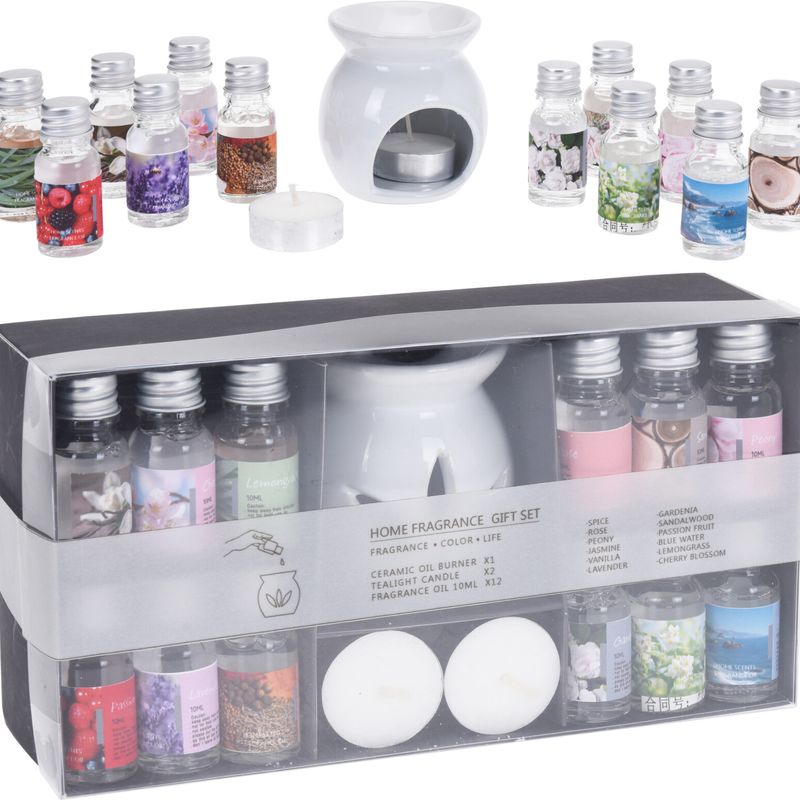 Aroma Gavesett 15deler | 12 eteriske oljer og keramisk duftlykt