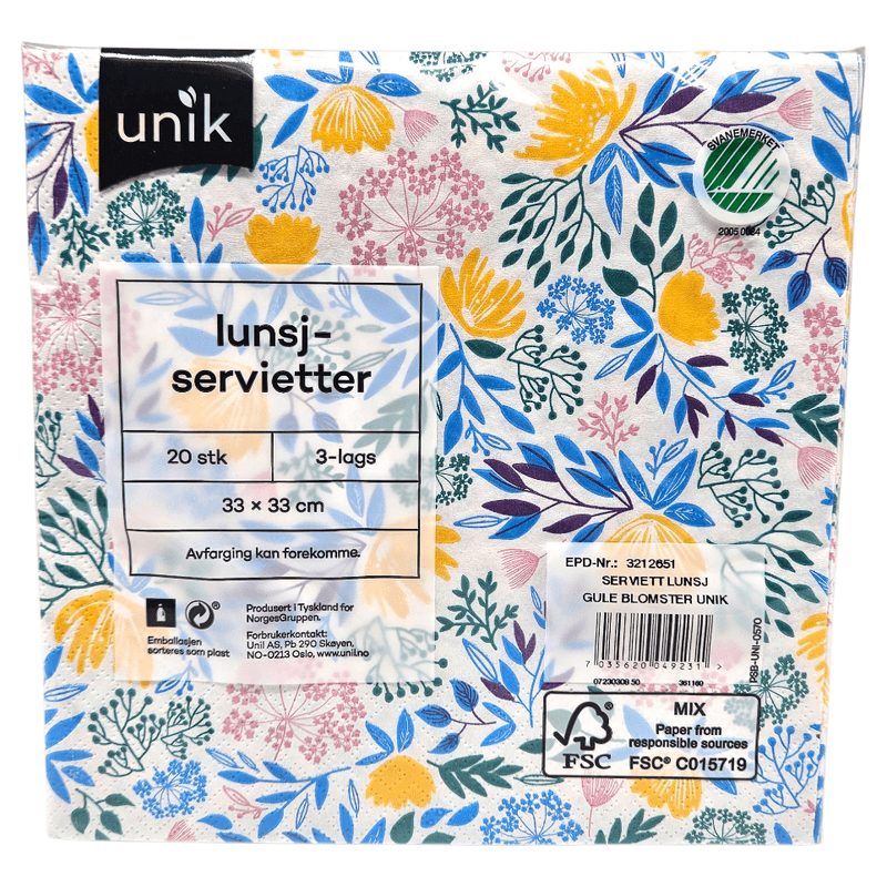 Servietter Gule Blomster 20pk 3 - lags | 33x33cm | Unik