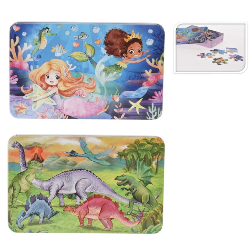 Puslespill 80brikker i metallboks| Havfrue/Dinosaur