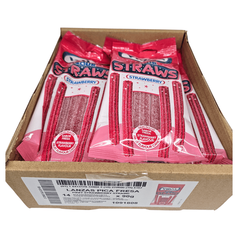 Vidal Sour Straws Jordbær 14x90g | Storpakk surte jordbærsugerør