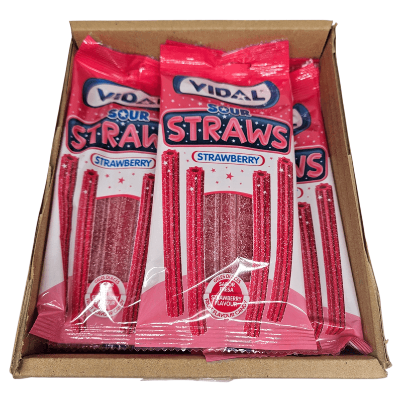 Vidal Sour Straws Jordbær 14x90g | Storpakk surte jordbærsugerør