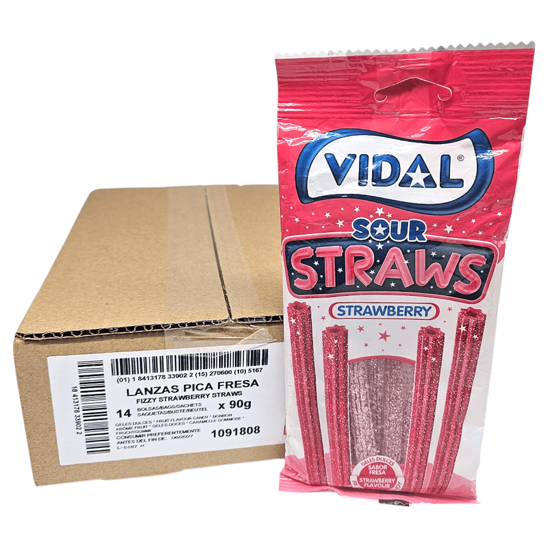 Vidal Sour Straws Jordbær 14x90g | Storpakk surte jordbærsugerør