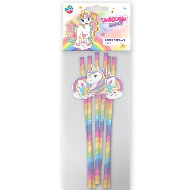 Enhjørning papirsugerør 6pk 19cm | Magisk pynt til bursdag