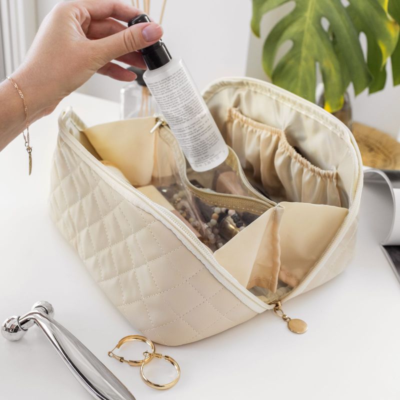 OlsenHome Makeup veske | Beige og svart sminkepung med rominndeling