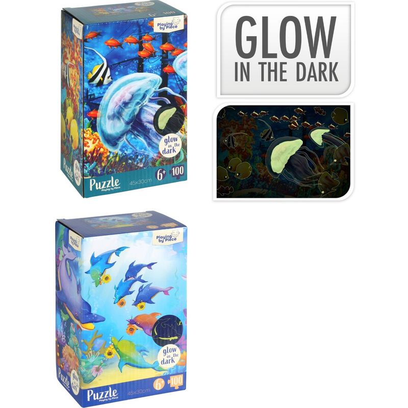 Puslespill Sjødyr 100 Brikker | Selvlysende Effekt | 2 Motiver