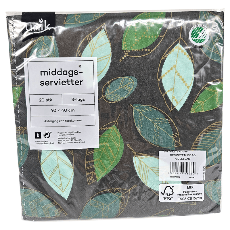 Servietter Gullblad 20pk 3 - lags | Middag 40x40cm | Unik