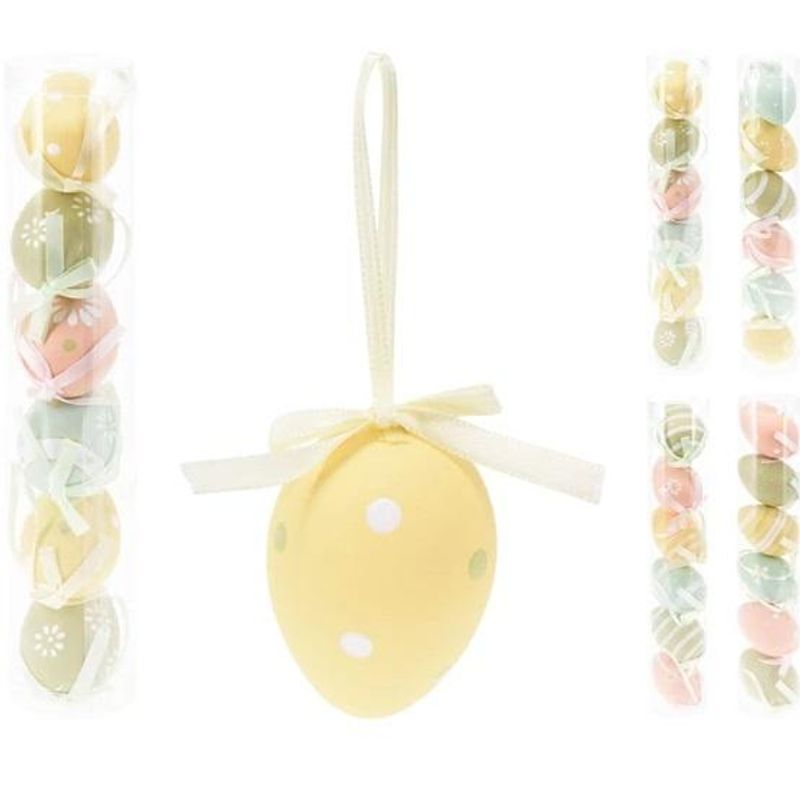 Dekor påskeegg 6 stk | Pastellfarger med oppheng | Trykte motiver