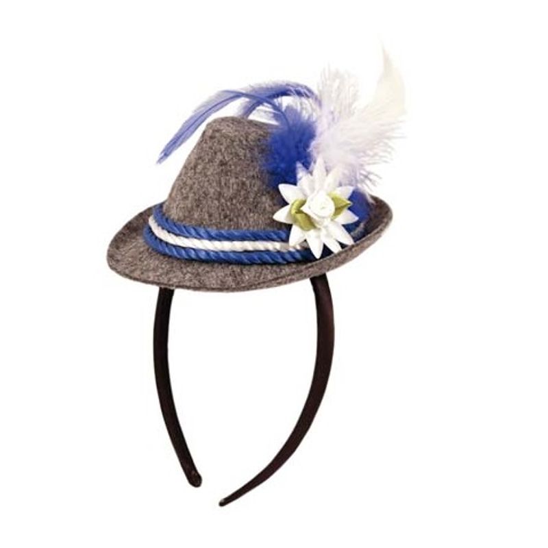 Tyrolerhatt grå & blå med fjær og hårbøyle