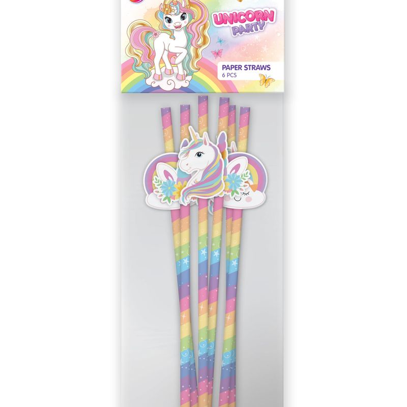 Enhjørning papirsugerør 6pk 19cm | Magisk pynt til bursdag