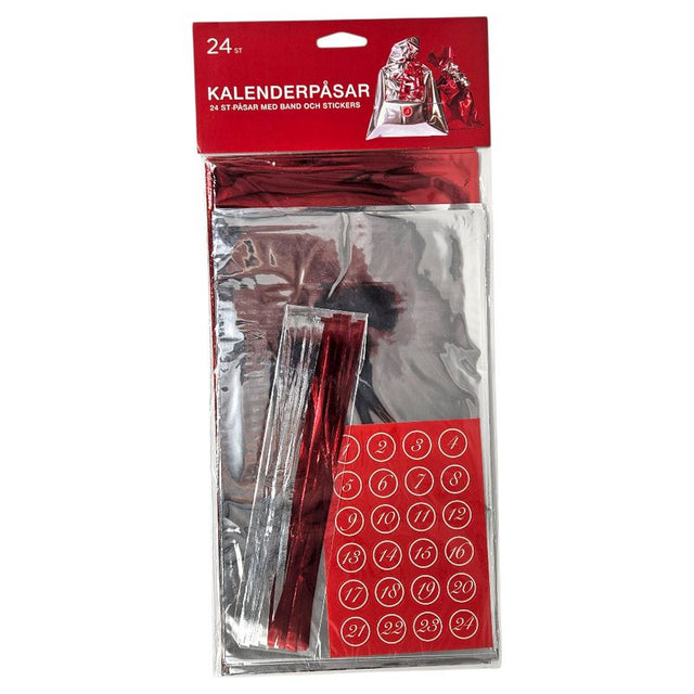 Kalendergaveposer 24stk med merking| Metallic rød og sølv